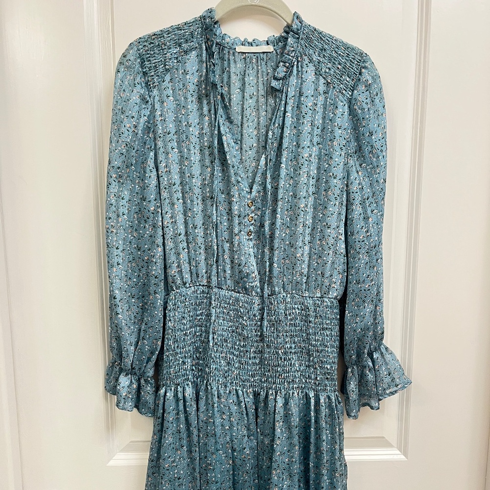 Q2 Spanish Style Blue Floral Smocked Mini Dress (Size M)